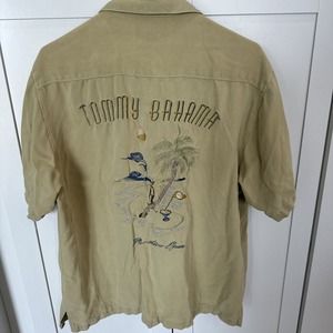 Tommy Bahama Men's Beige Silk Embroidered Paradise Open Button Up Shirt Sz M